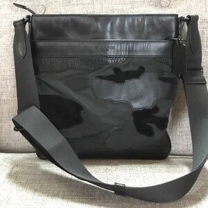 Coach Charles Camouflage Full Black Nylon/Leather/Suede Crossbody Shoulder Bag